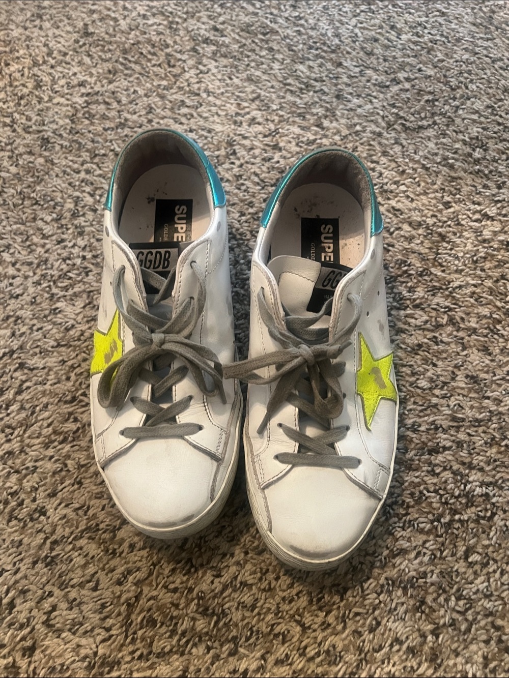 Golden Goose White Sneakers with Neon Yellow Star and Teal Heel Tab